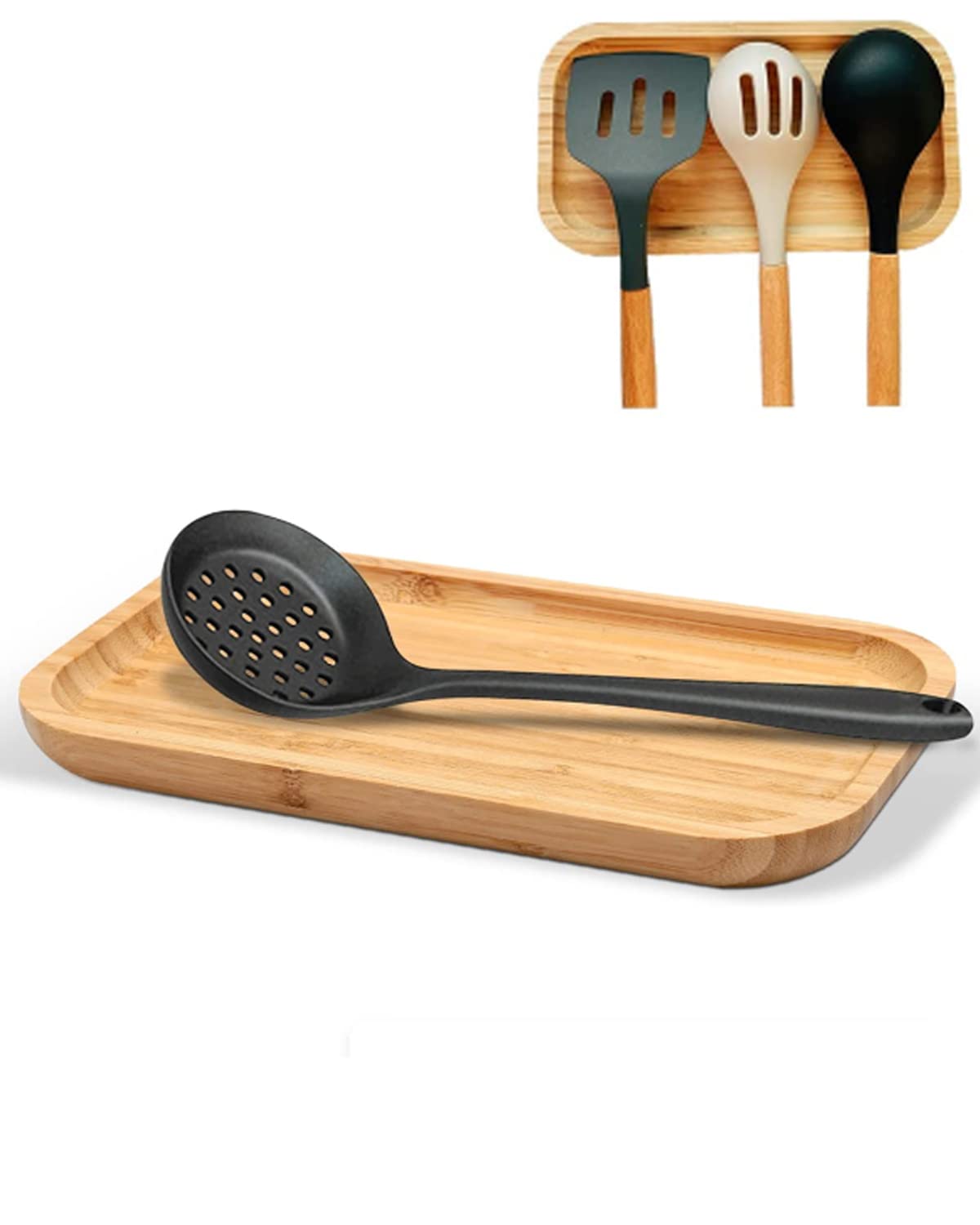 SIVOTAMI large bamboo spoon rest front view on a clean counter for tidy utensils