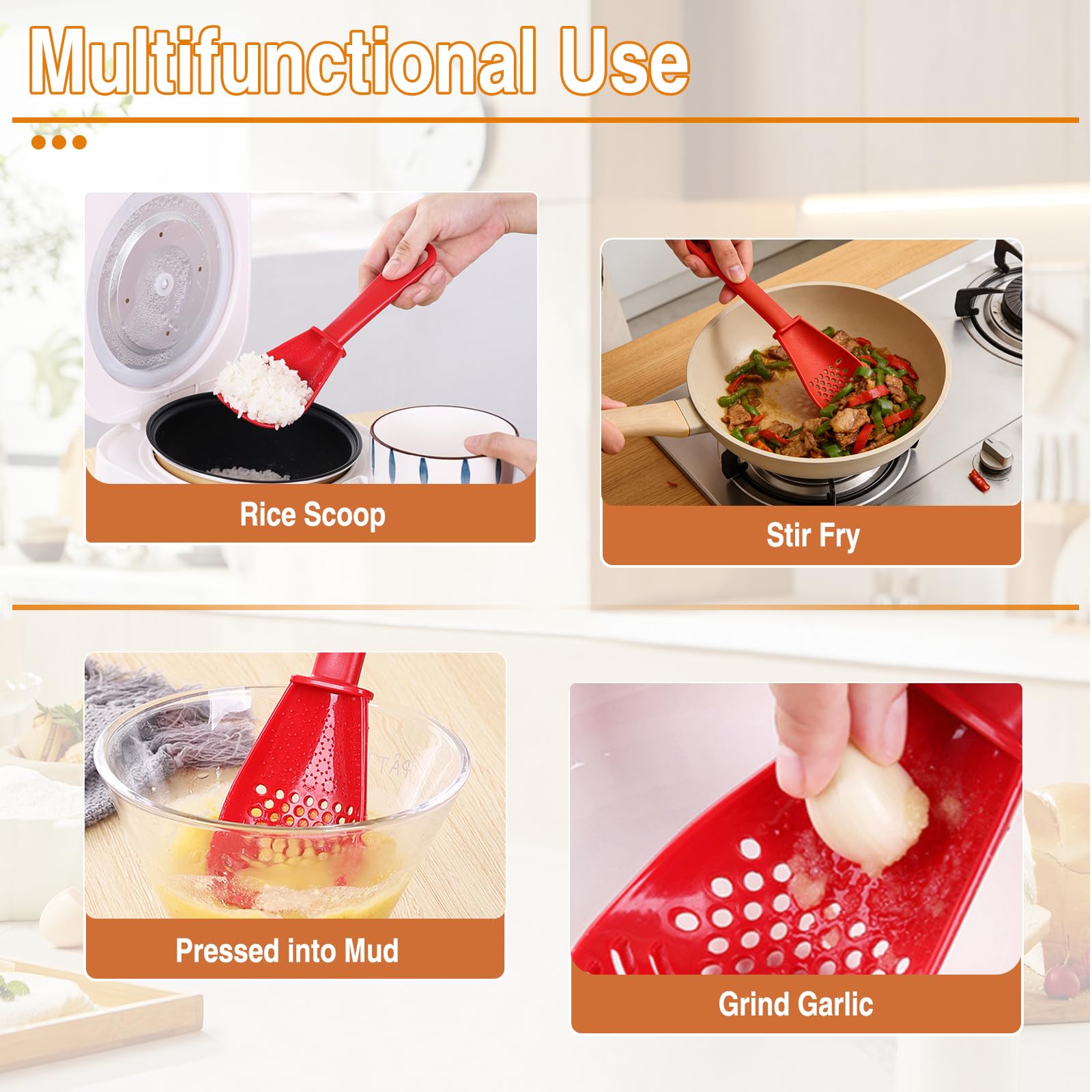 Six-in-one spoon set, handle closeup, ergonomic grip for comfortable stirring