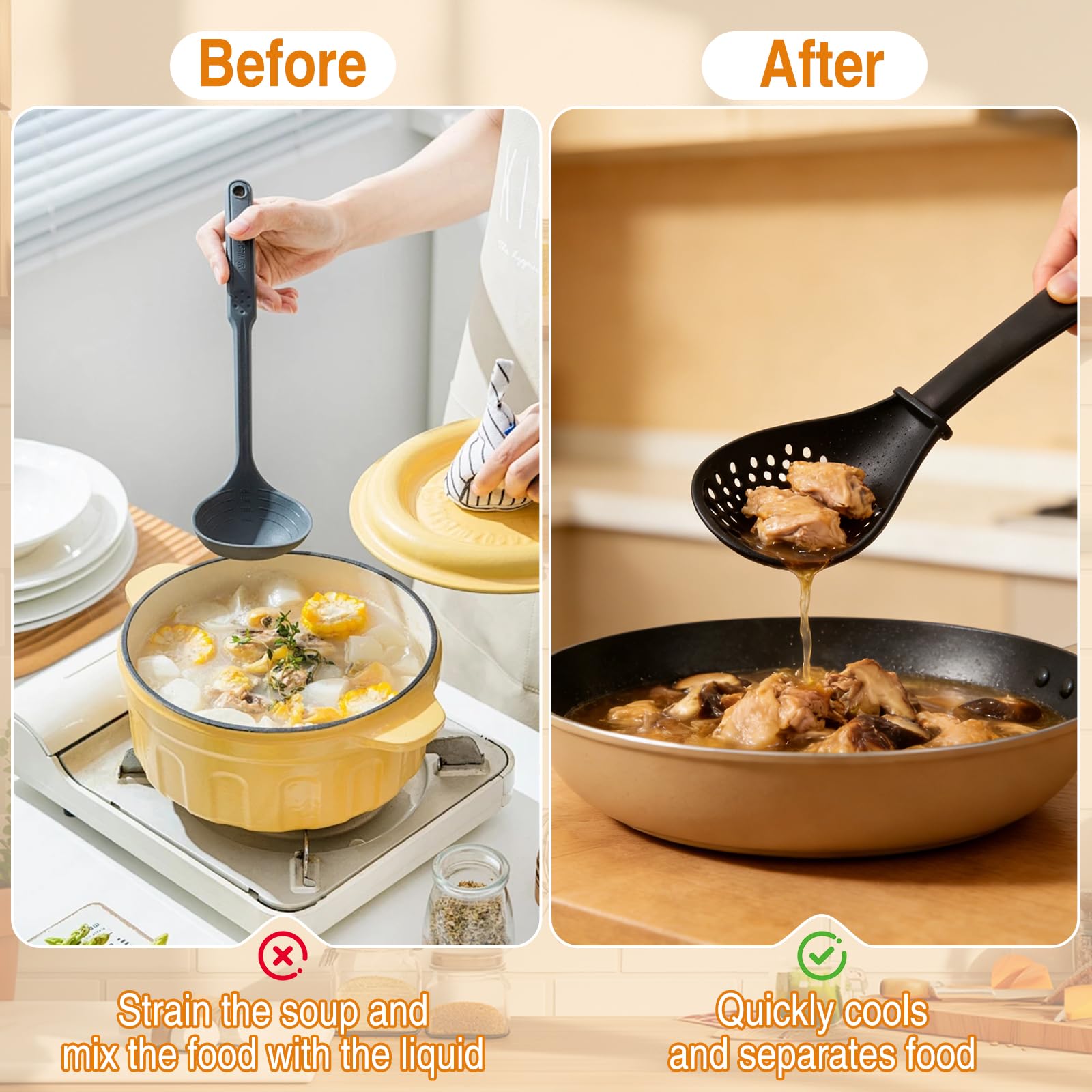 Six-in-one spoon set, slotted drainage, drains liquids for healthier prep