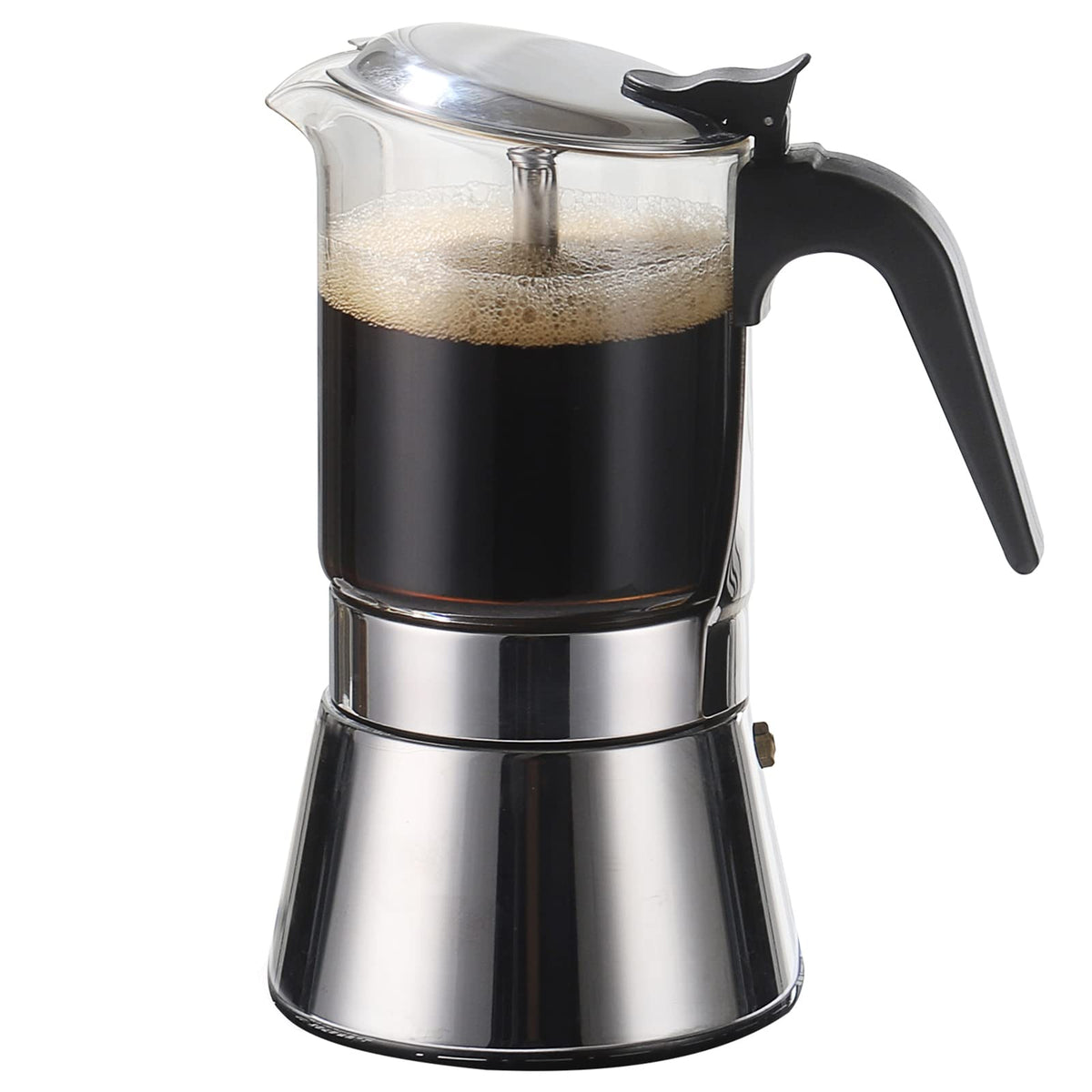 SIXAQUAE crystal-top moka pot with glass view shows extraction progress.
