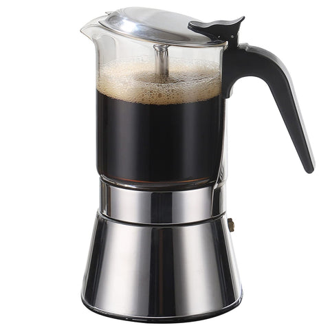 SIXAQUAE crystal-top moka pot with glass view shows extraction progress.