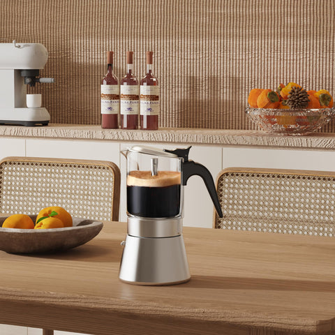 SIXAQUAE induction-ready moka pot fits versatile kitchen stoves.