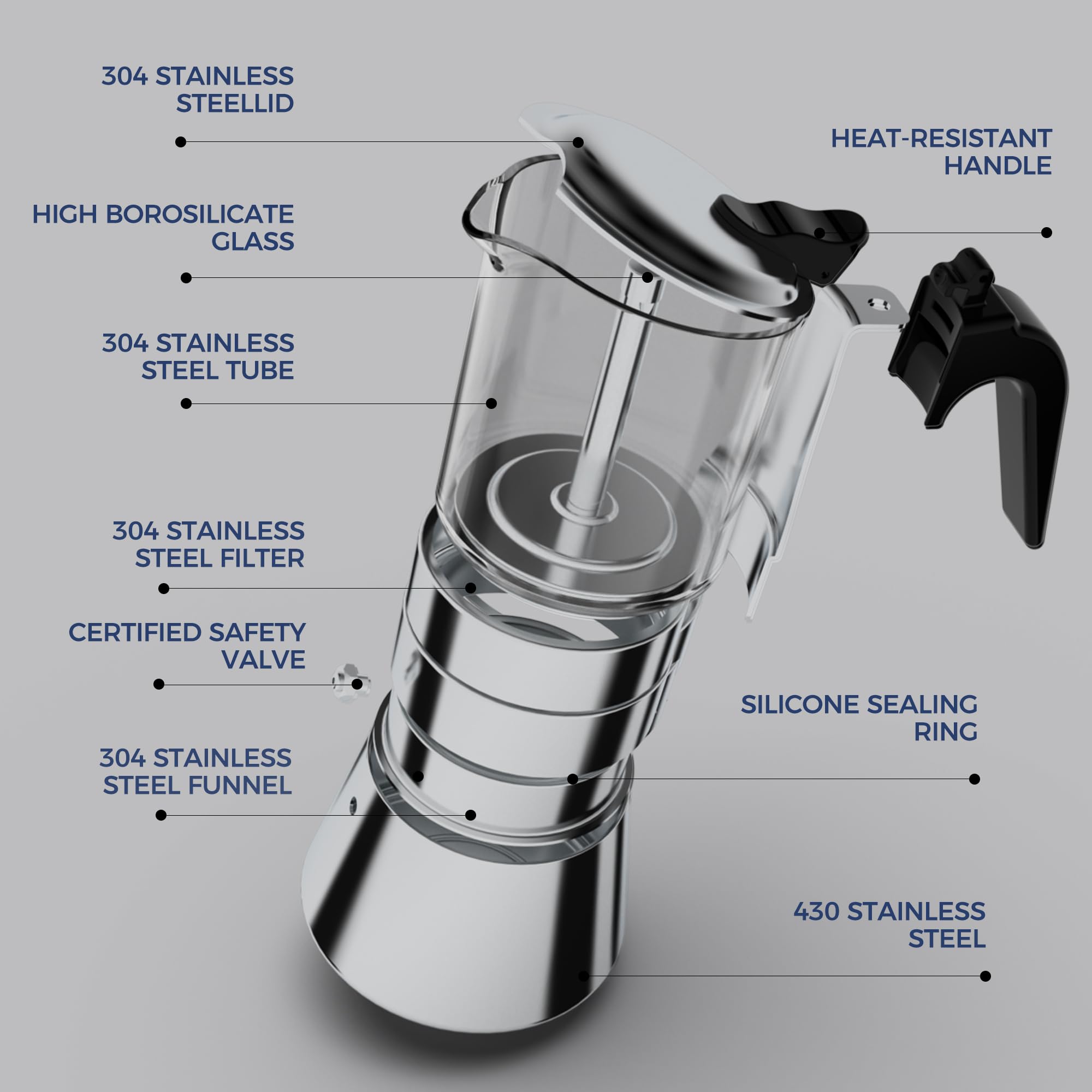 SIXAQUAE stainless steel moka pot blends durability with classic design.