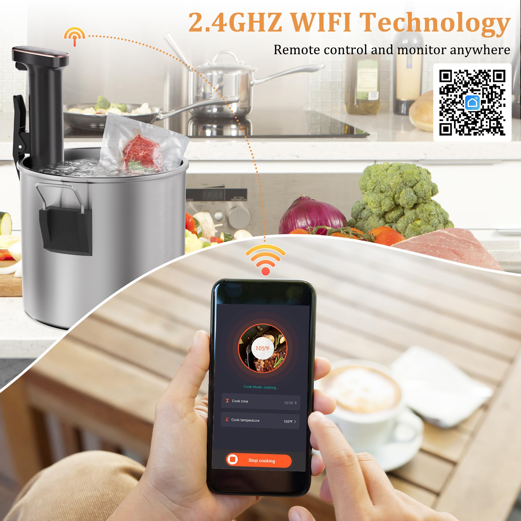 Sixfivsevn sous vide with wifi app control for hands-free cooking
