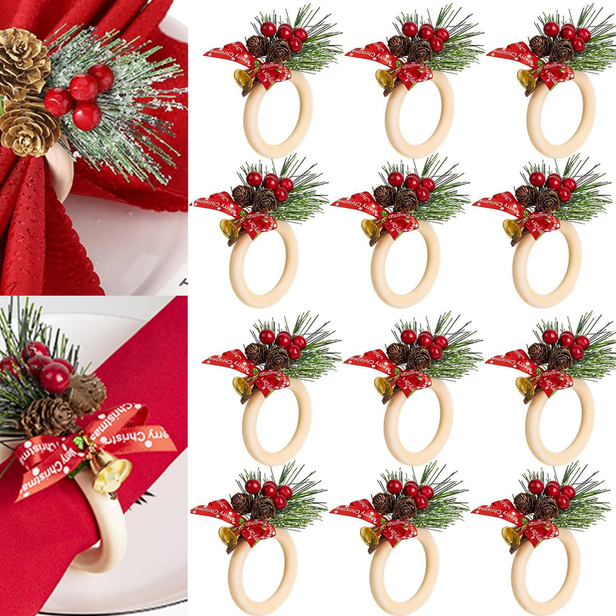 SIYOMG Christmas napkin rings with pinecone and red berry decorate festive tables