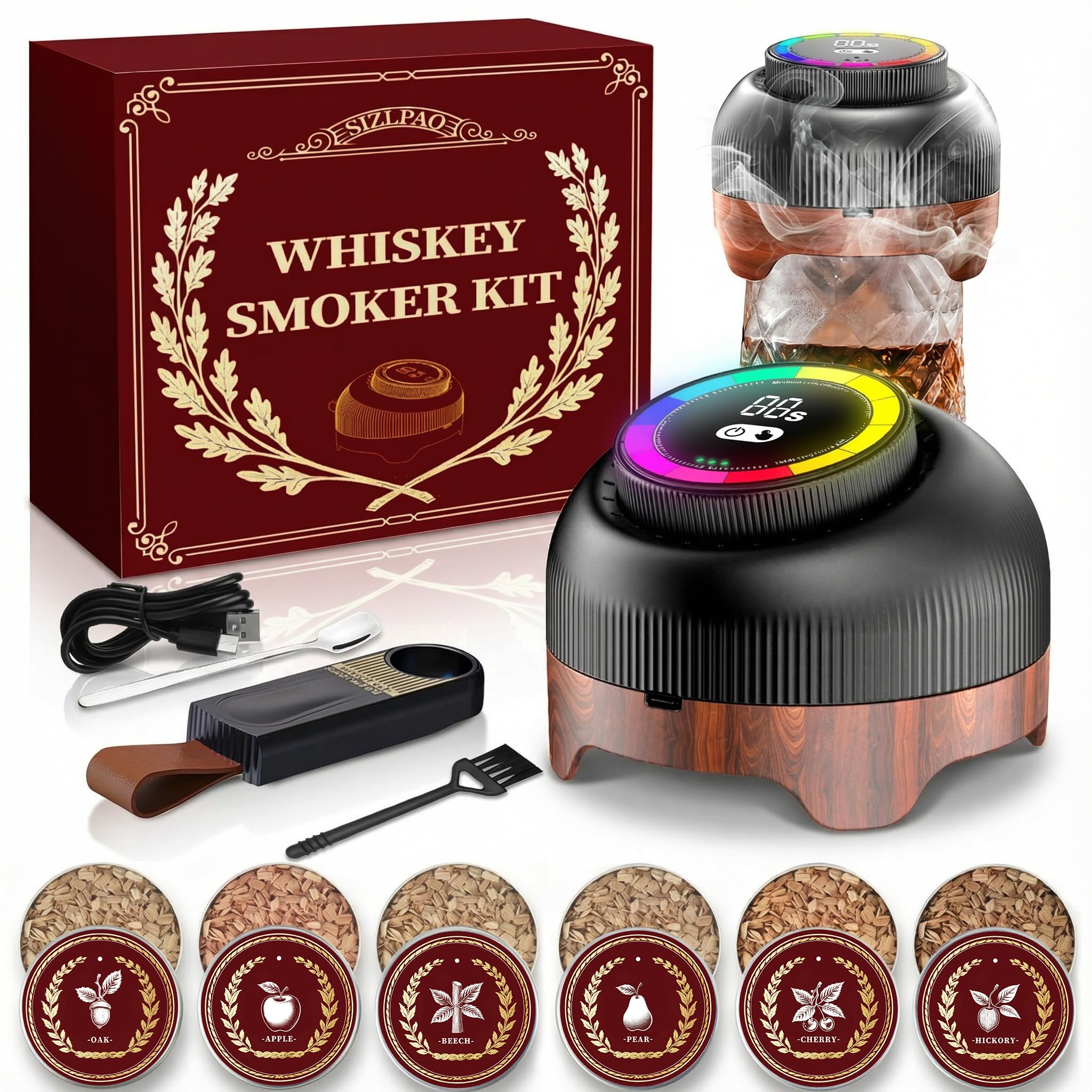 SIZIPAO electric whiskey smoker kit with LED timer ring for precise smoke control