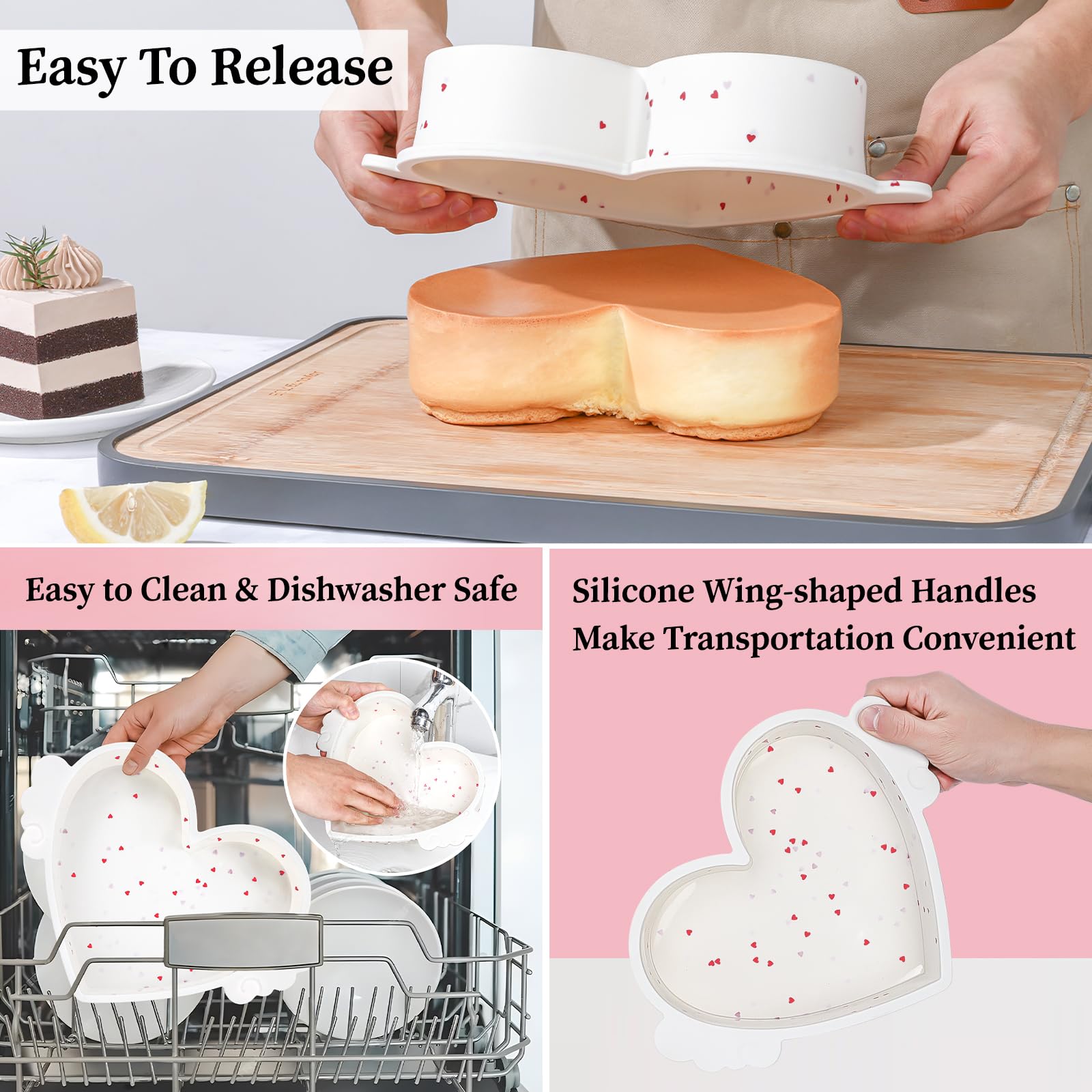SJ oven-safe and dishwasher-safe heart pan simplifies cleanup after baking.