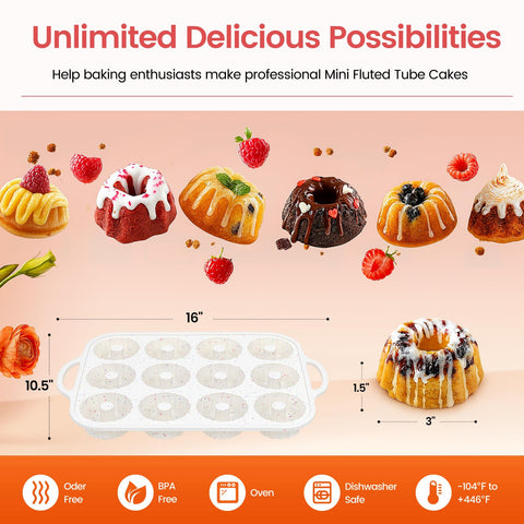 SJ Silicone Mini Fluted Tube Pan has a 12-cup capacity for batch baking