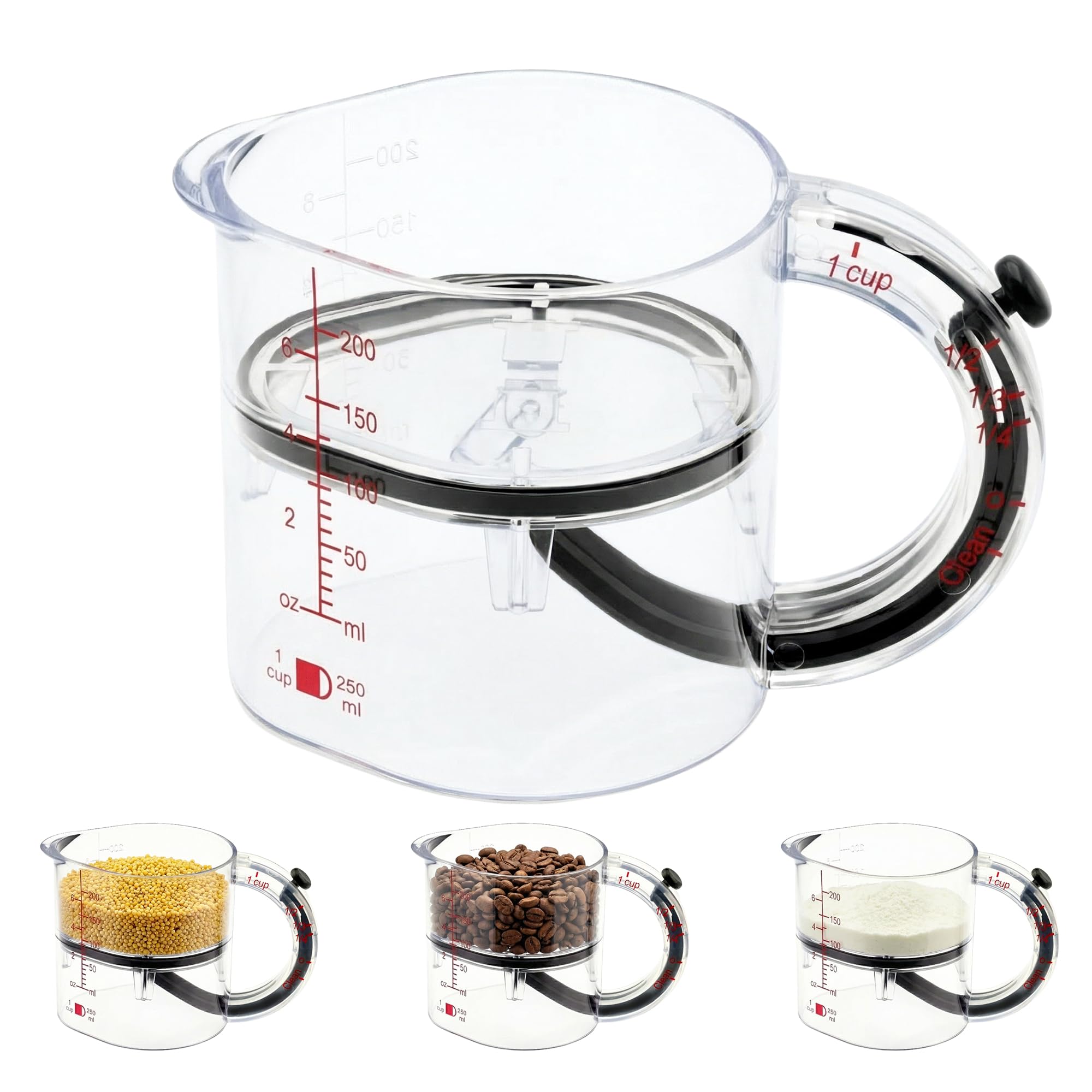SKAHEE four-in-one measuring cup with push-bottom for quick volume selection and easy handling