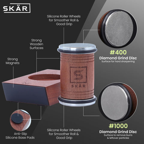SKÄR rolling knife sharpener magnetic base supports dual-sided sharpening with stability