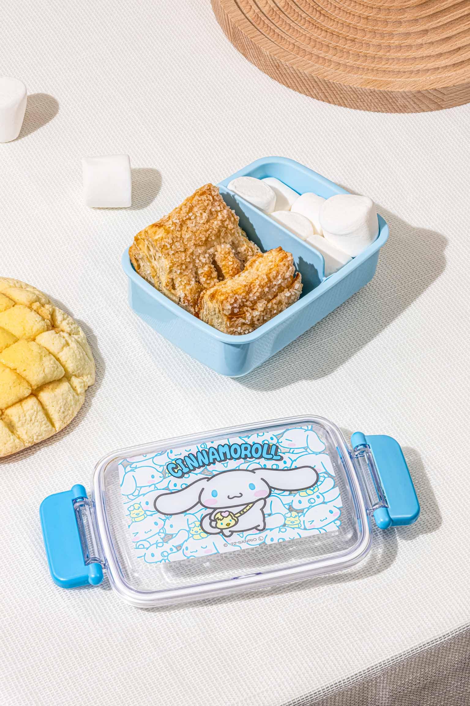 Skater Cinnamoroll Bento lunch box open top displaying organized meal space