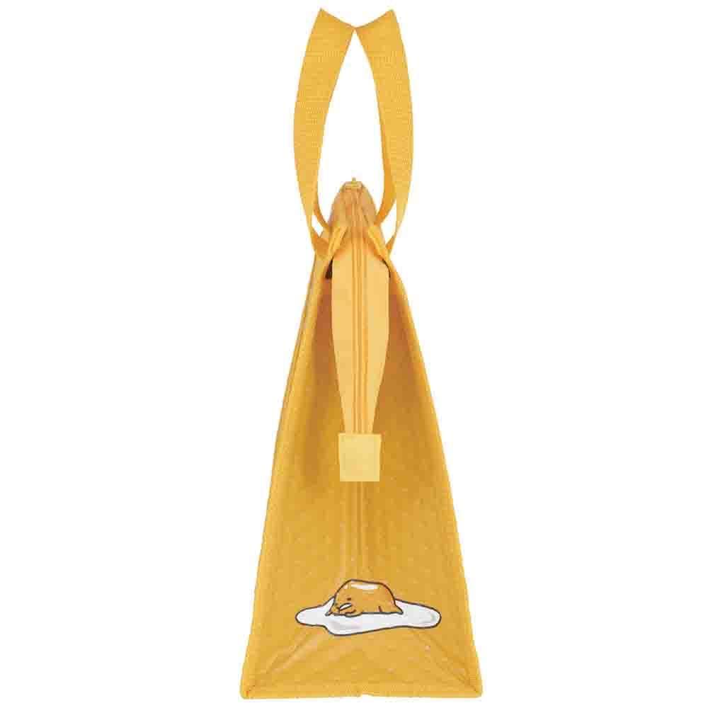 Skater Gudetama bag features a secure zip closure to prevent spills.