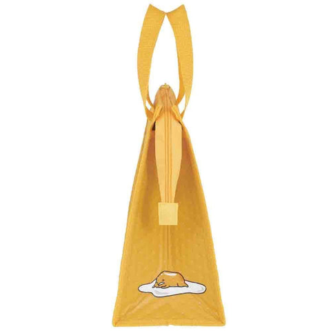 Skater Gudetama bag features a secure zip closure to prevent spills.