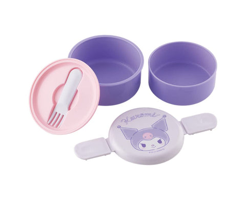Skater Kuromi bento box lid open showing dual compartments for different foods.