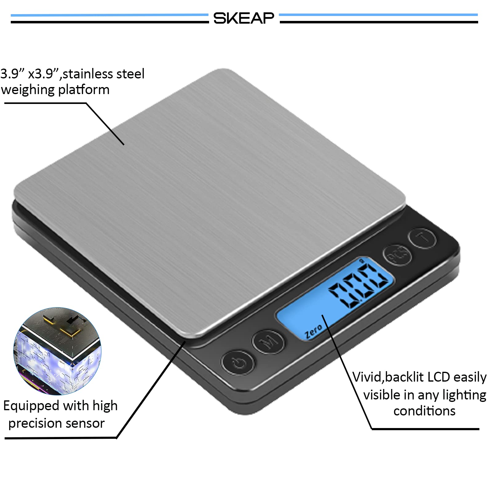 SKEAP Gram Scale stainless steel platform is easy to wipe clean.
