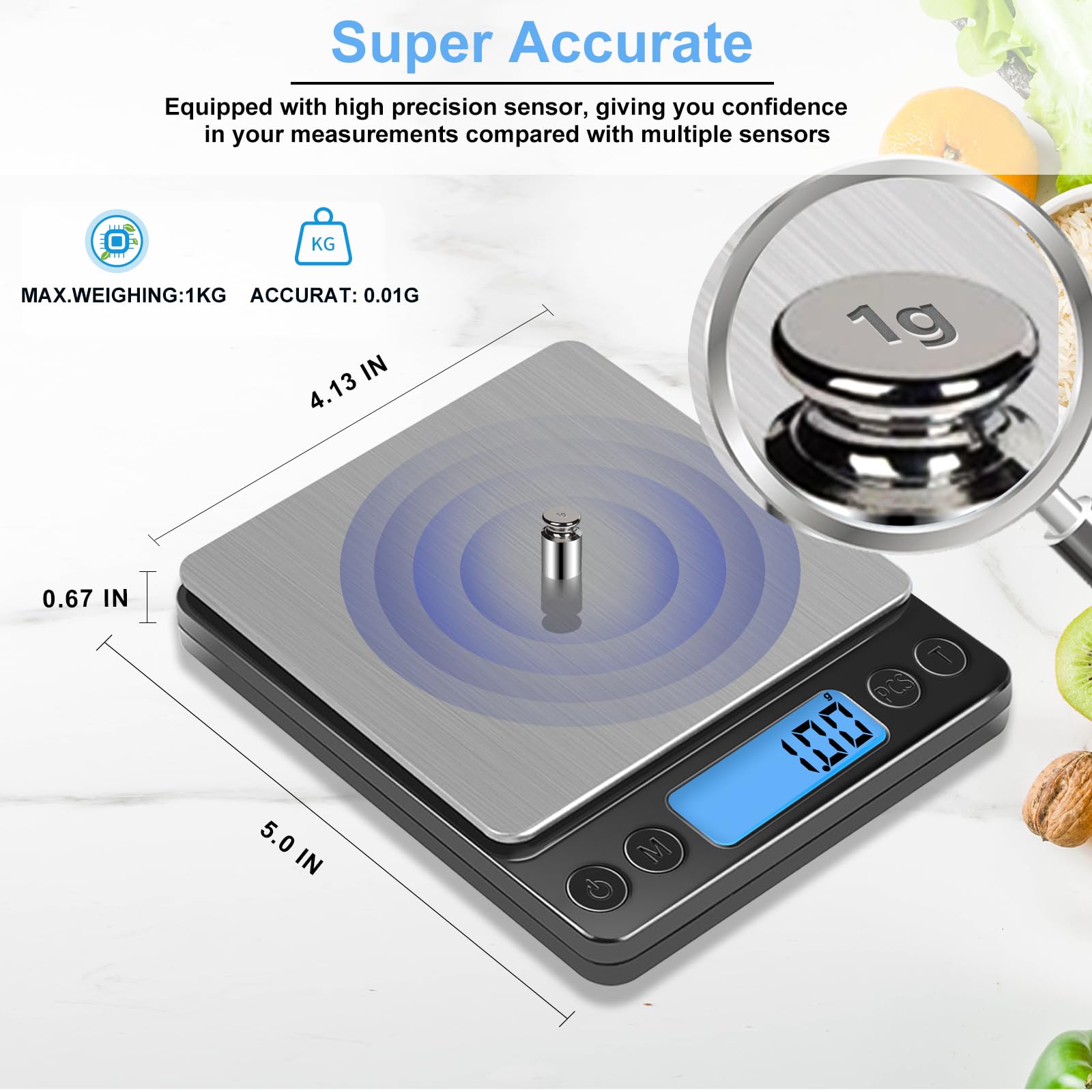 SKEAP Gram Scale tare function enables quick zeroing between items.