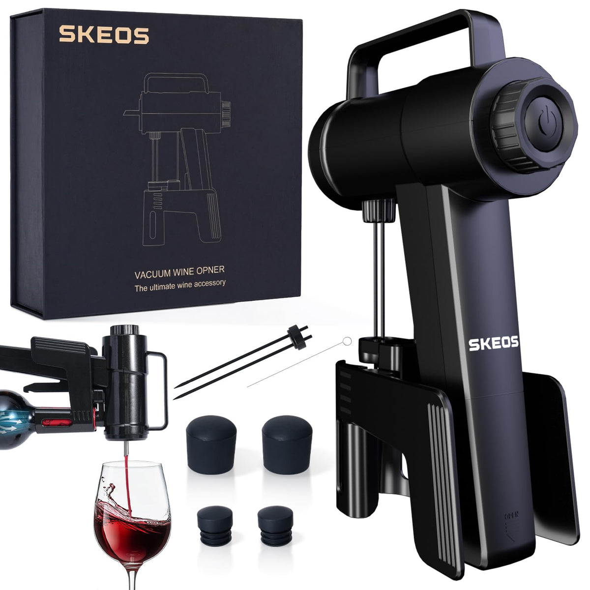 SKEOS electric wine opener front view for quick, smooth pours