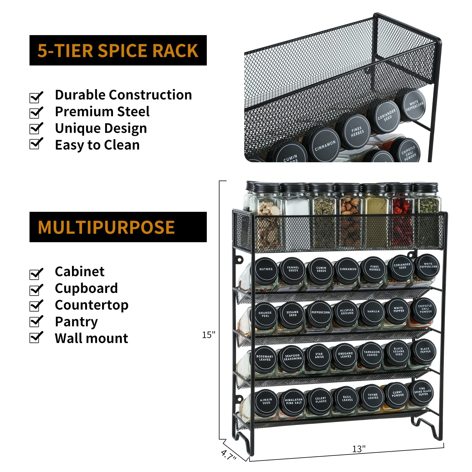 Skiileor 28-glass spice jars show clear contents for quick identification.