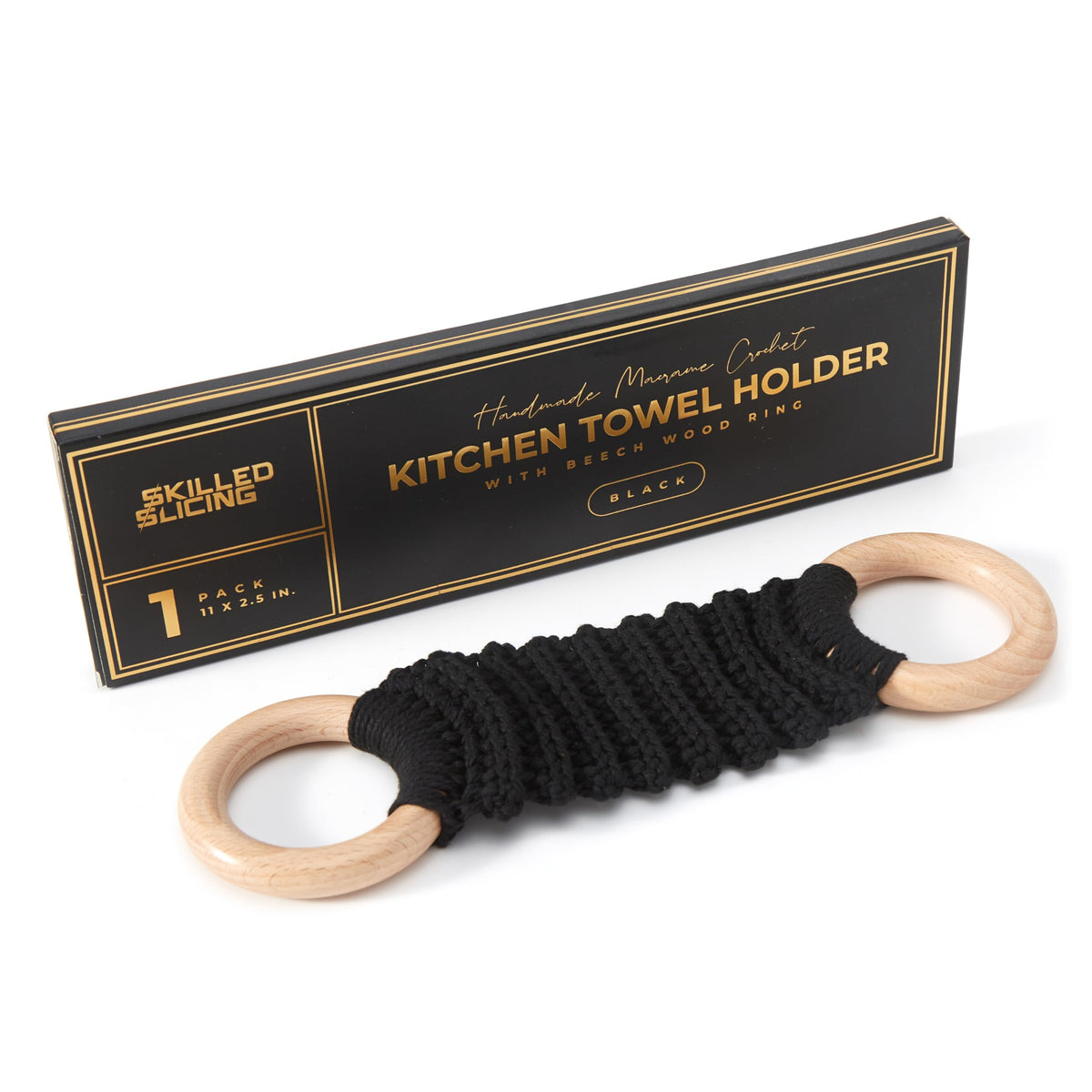 SKILLEDSLICING crocheted towel holder, left view, boosts towel stability on door handles