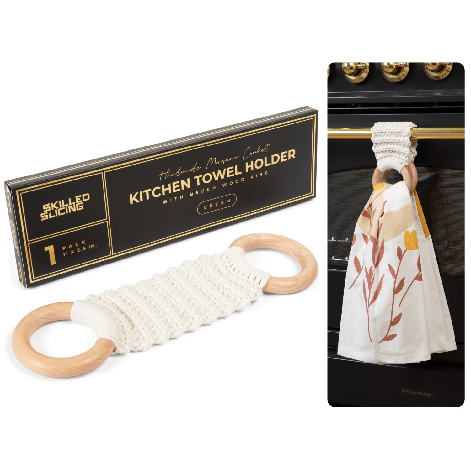 SKILLEDSLICING hanging towel holder crochet in cream adds rustic charm and organized towels