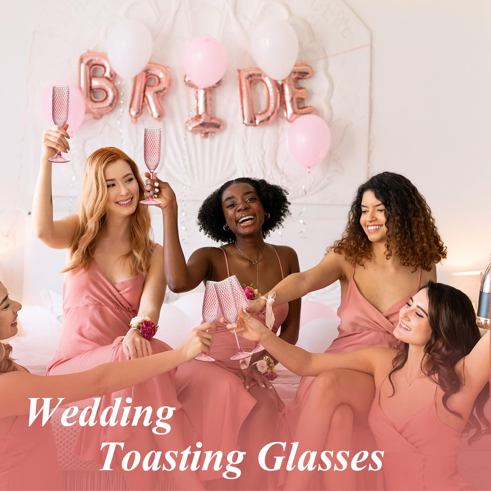 SKLENICE pink portable plastic flutes for outdoor weddings and picnics.