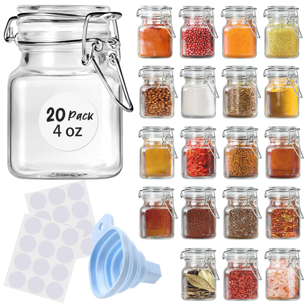 SKOCHE 4oz clear square spice jars with lids for organized pantry storage