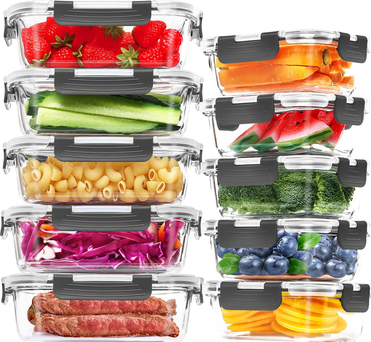 Skroam 10-pack rectangle glass containers offer 1040ml and 370ml portions for easy meal prep.