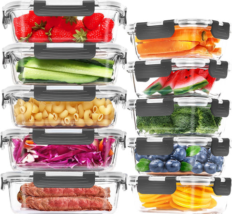 Skroam 10-pack rectangle glass containers offer 1040ml and 370ml portions for easy meal prep.