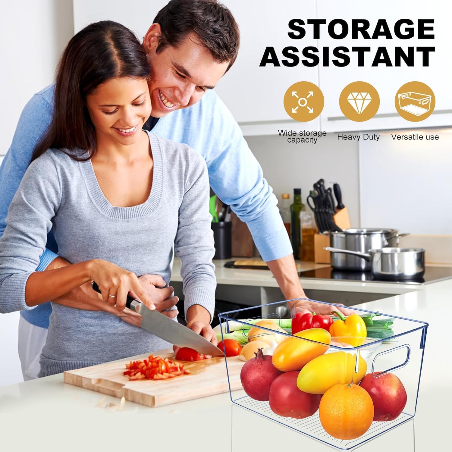 SKTEET clear fridge storage bin with handles for easy reach.