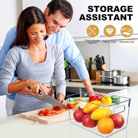 SKTEET clear fridge storage bin with handles for easy reach.