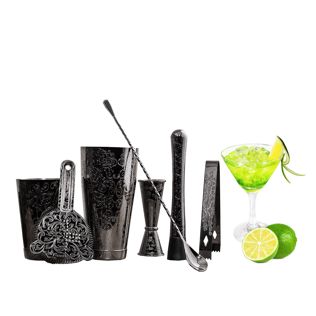 Sky Fish 7-piece bartender kit with etched details for stylish home mixing.