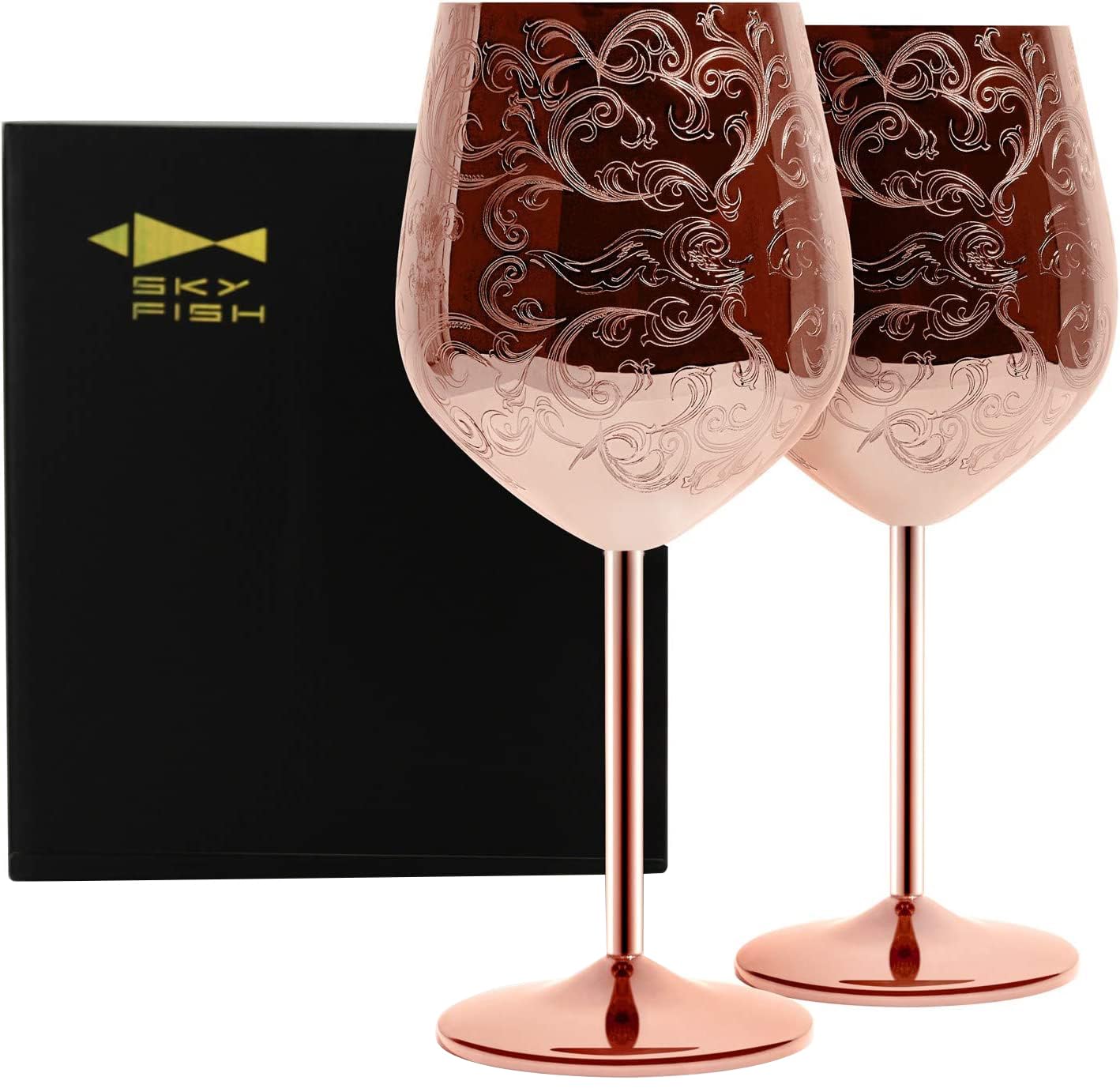 Sky Fish etched wine glass with copper plating adds elegant baroque charm for refined dinners.