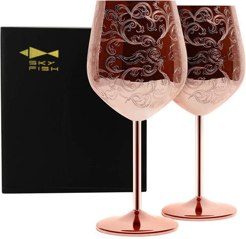 Sky Fish etched wine glass with copper plating adds elegant baroque charm for refined dinners.