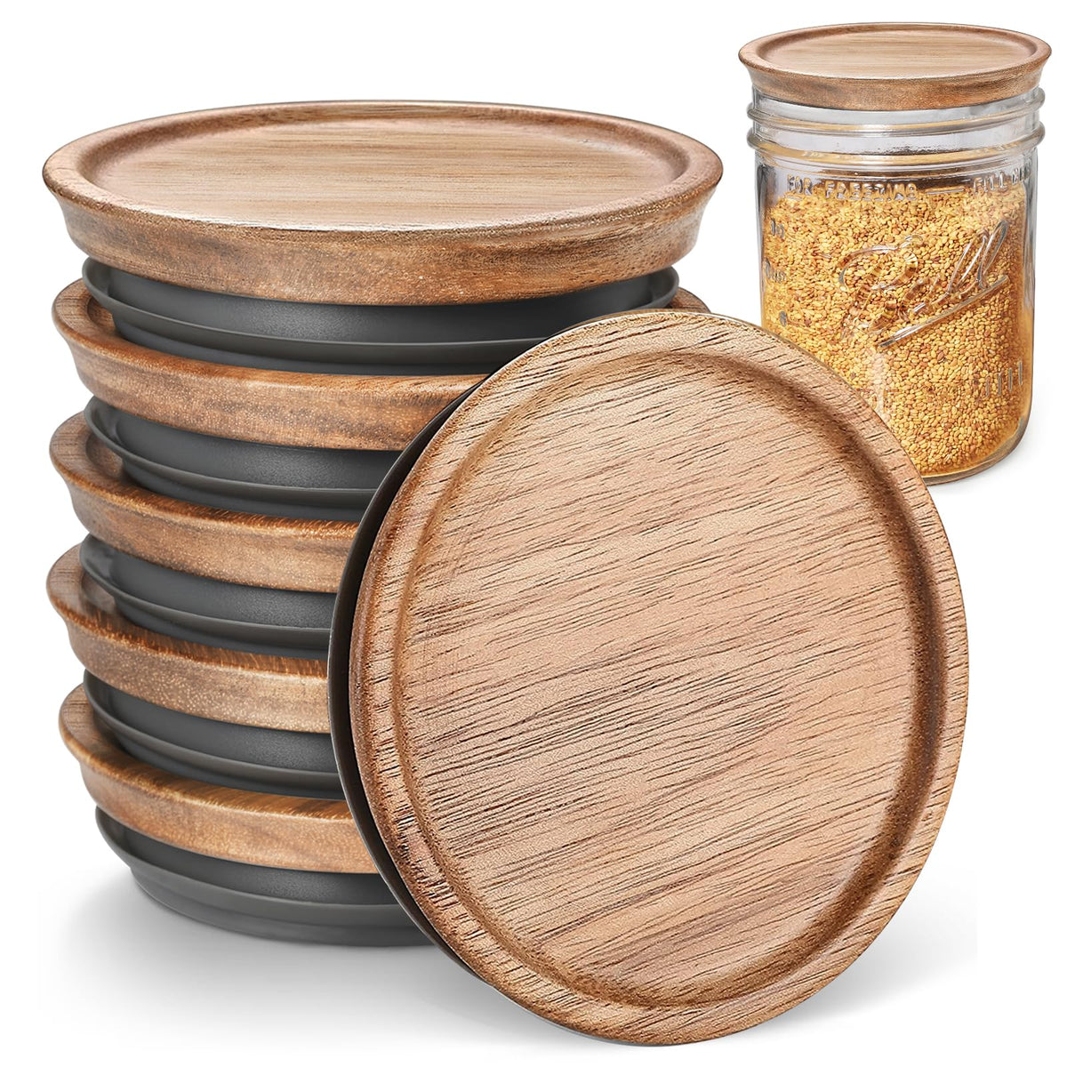 SKYBD regular mouth wooden lids in acacia wood provide airtight seal for jars
