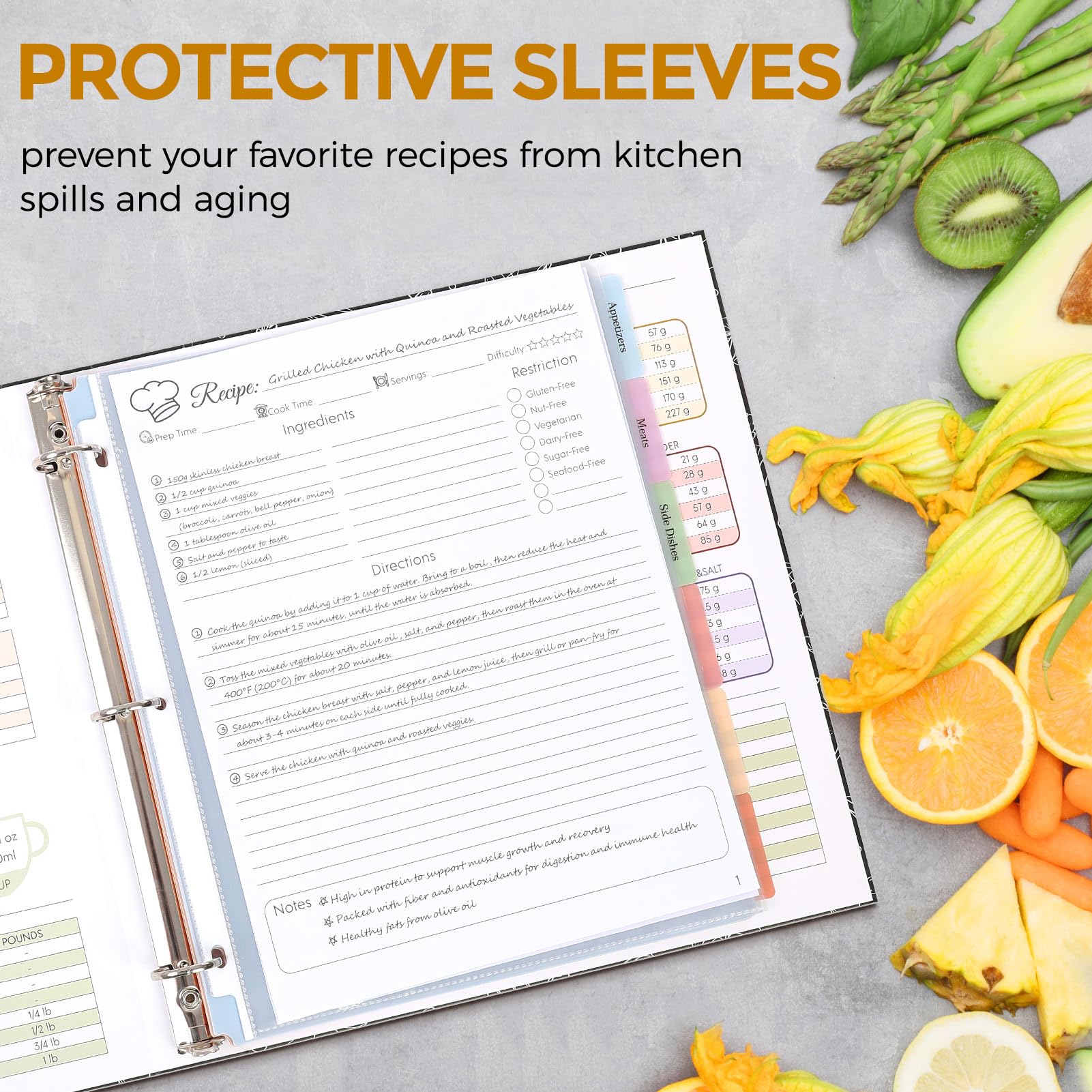 SKYDUE Recipe Binder interior pages provide space to write ingredients and steps