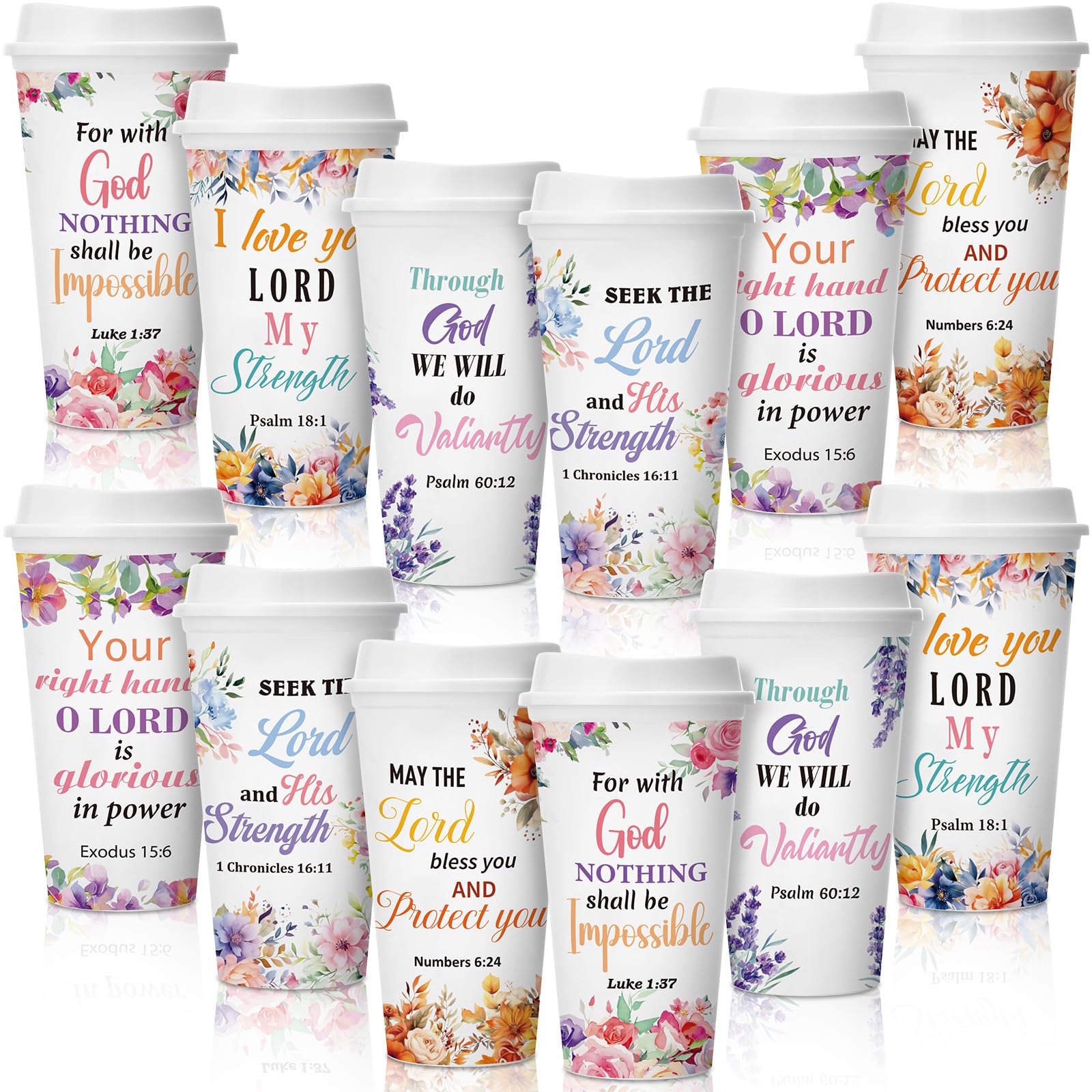 Skylety 12-pack Christian coffee cups with lids, 16 oz, ideal for gifting and daily use.