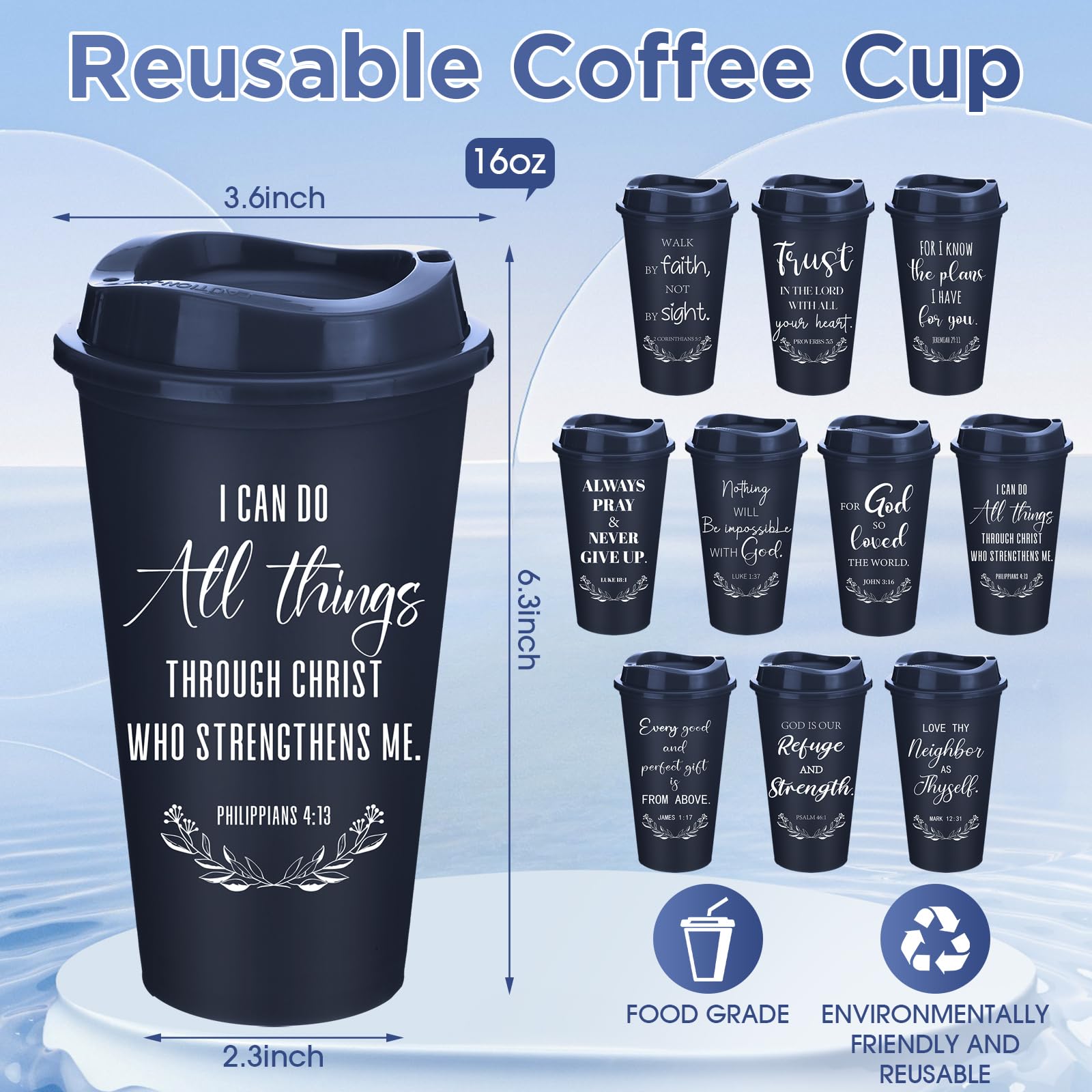 Blue Skylety 16 oz plastic cup with lid for coffee and drinks.