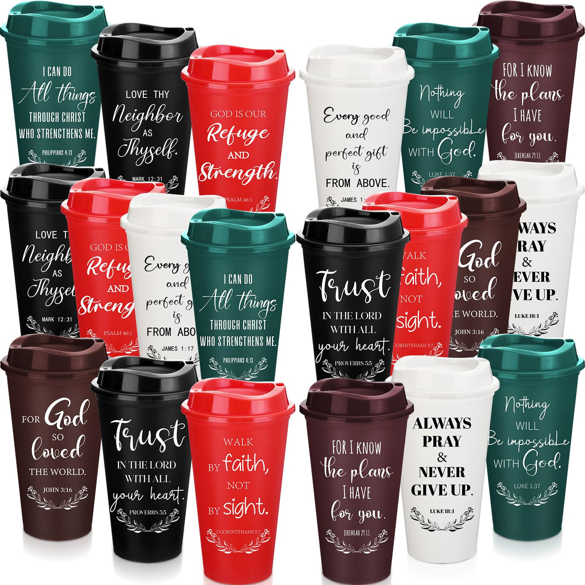 Skylety 20-pack Christian tumbler front view with lids, durable daily use.