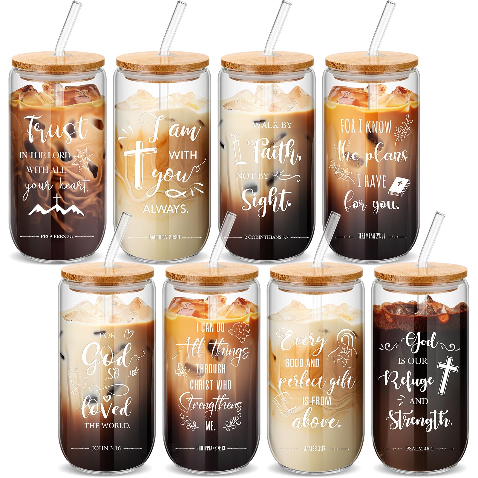 Skylety Christian glass cups eight-set with lids and inspirational quotes.