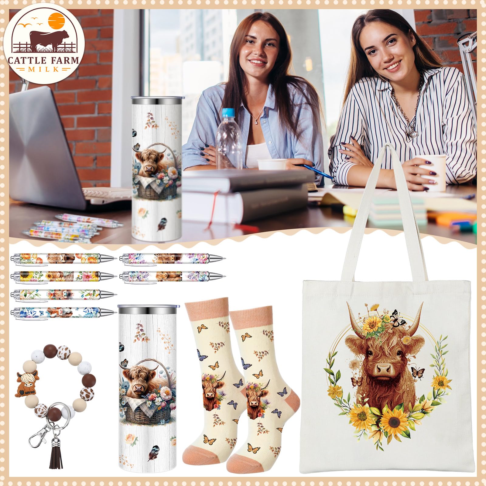 Skylety Highland Cow floral canvas bag for carrying essentials