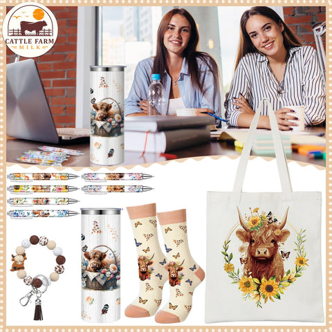 Skylety Highland Cow floral canvas bag for carrying essentials