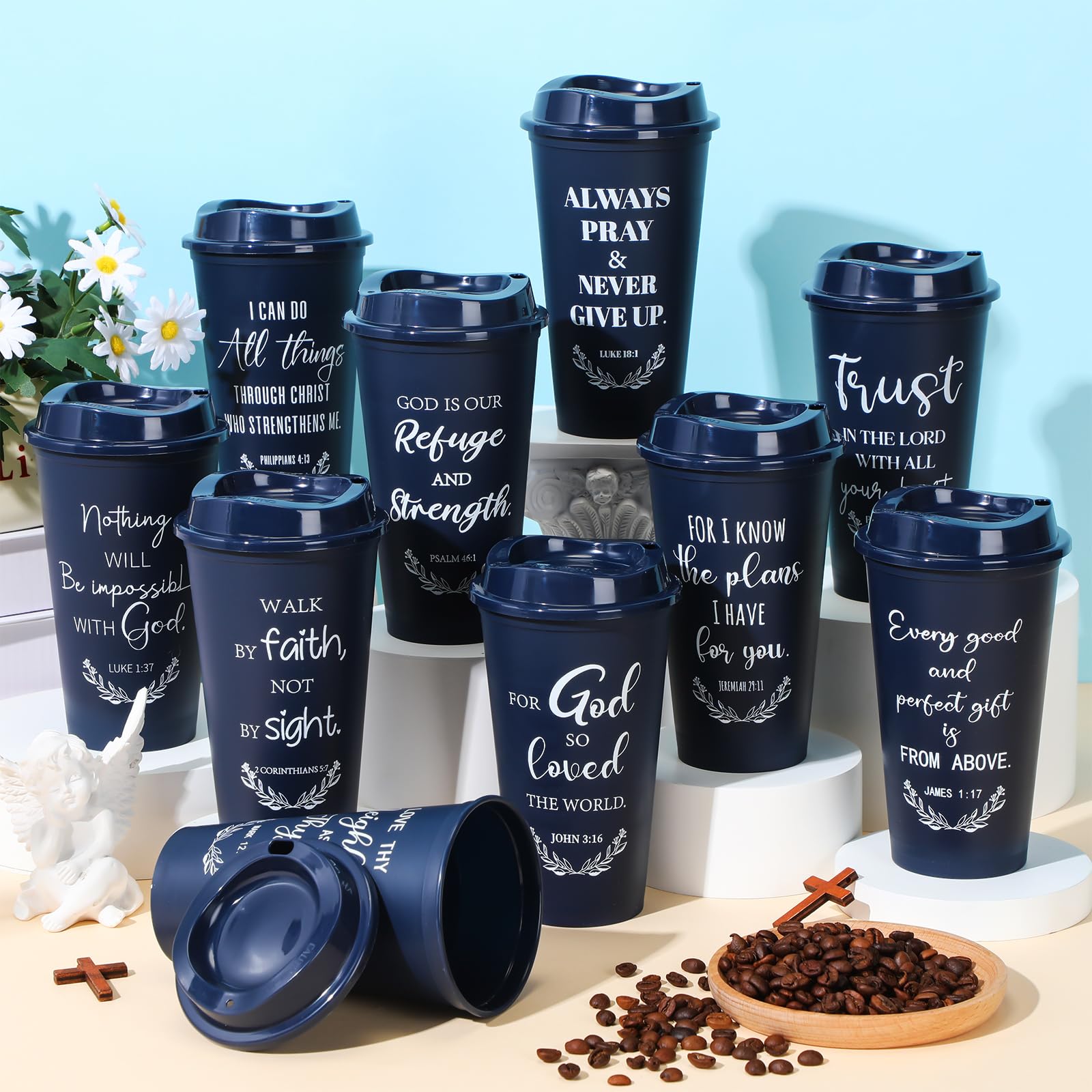 Blue Skylety tumbler featuring inspirational quotes for faith moments.