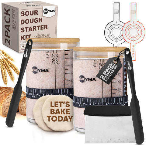 SKYMA Sourdough Starter Jar 2-Pack with clear glass for easy monitoring.