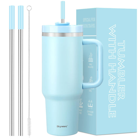 Skywerc 40 oz tumbler with handle for easy transport during commutes.