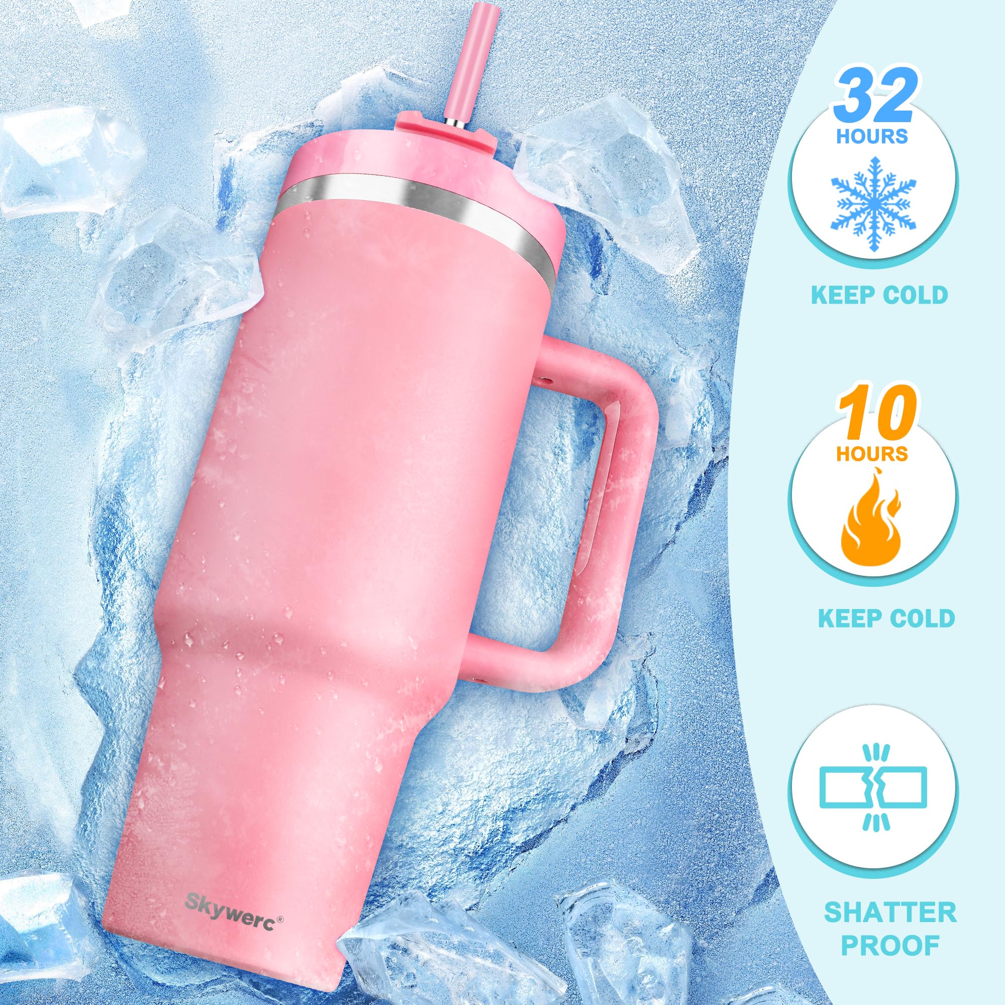 Skywerc 40 oz tumbler vacuum insulated keeps drinks cold longer.