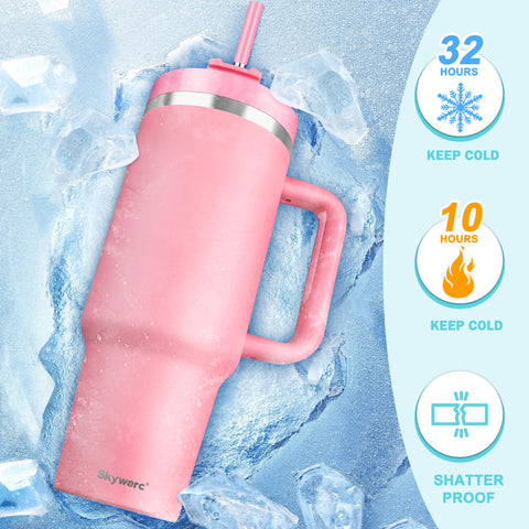 Skywerc 40 oz tumbler vacuum insulated keeps drinks cold longer.