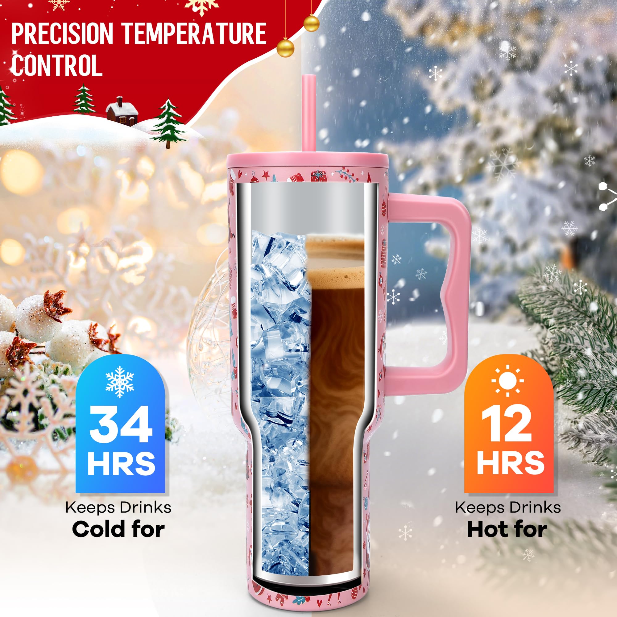 Skywerc 40oz Christmas tumbler deer and stockings pattern suits on-the-go use