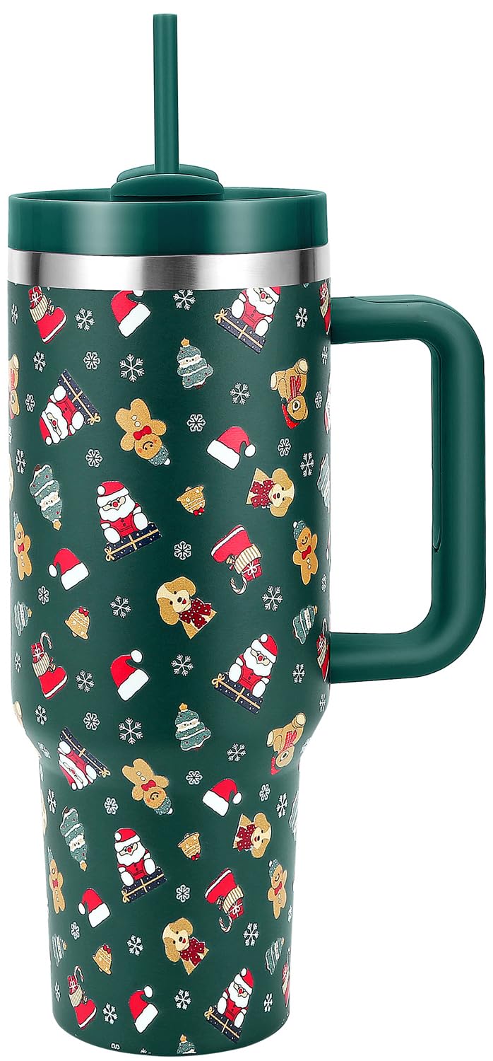 Skywerc Christmas tumbler with a green Santa Bear keeps drinks cold outdoors
