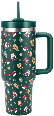 Skywerc Christmas tumbler with a green Santa Bear keeps drinks cold outdoors