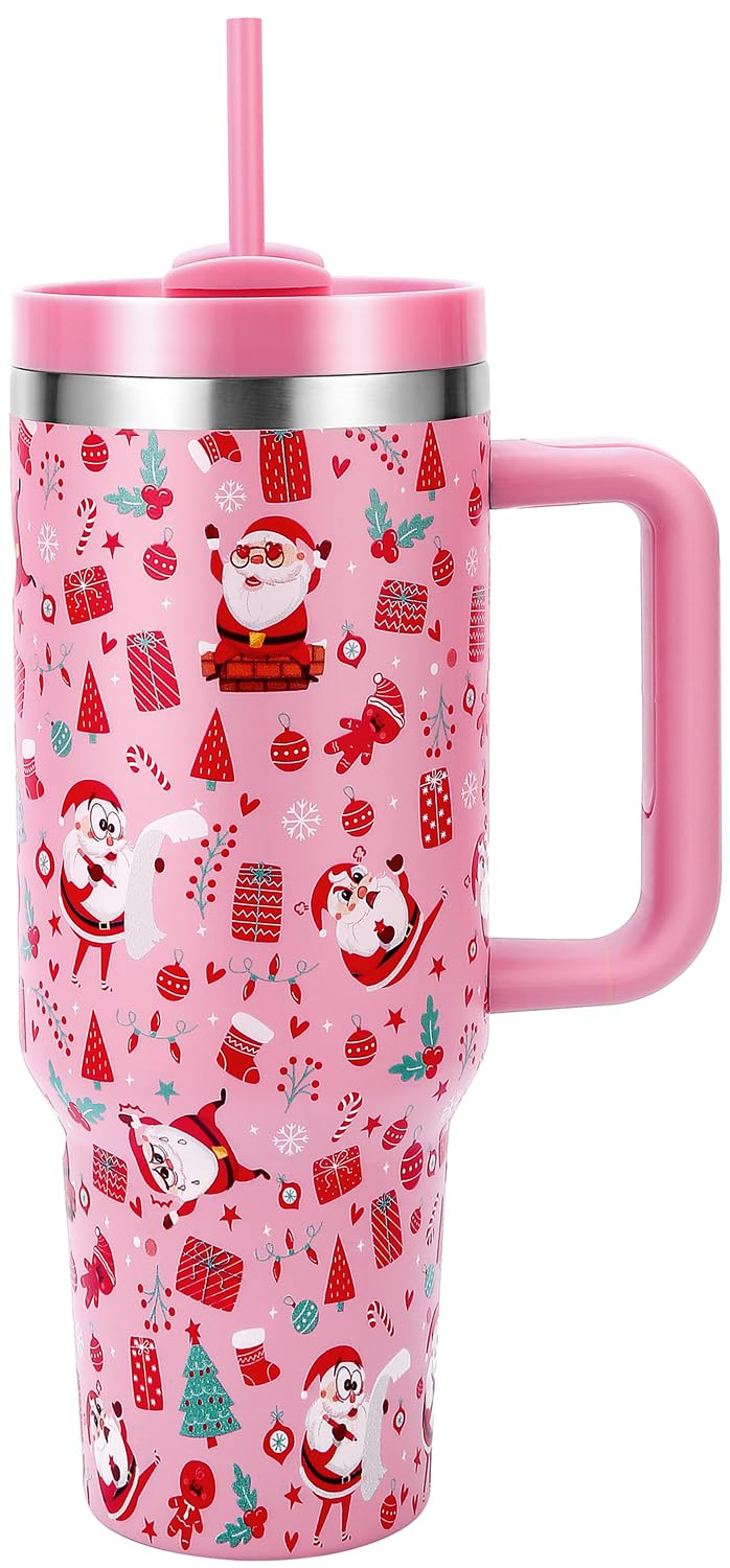Skywerc Christmas tumbler with handle showcases Santa pattern for festive hydration on the go.